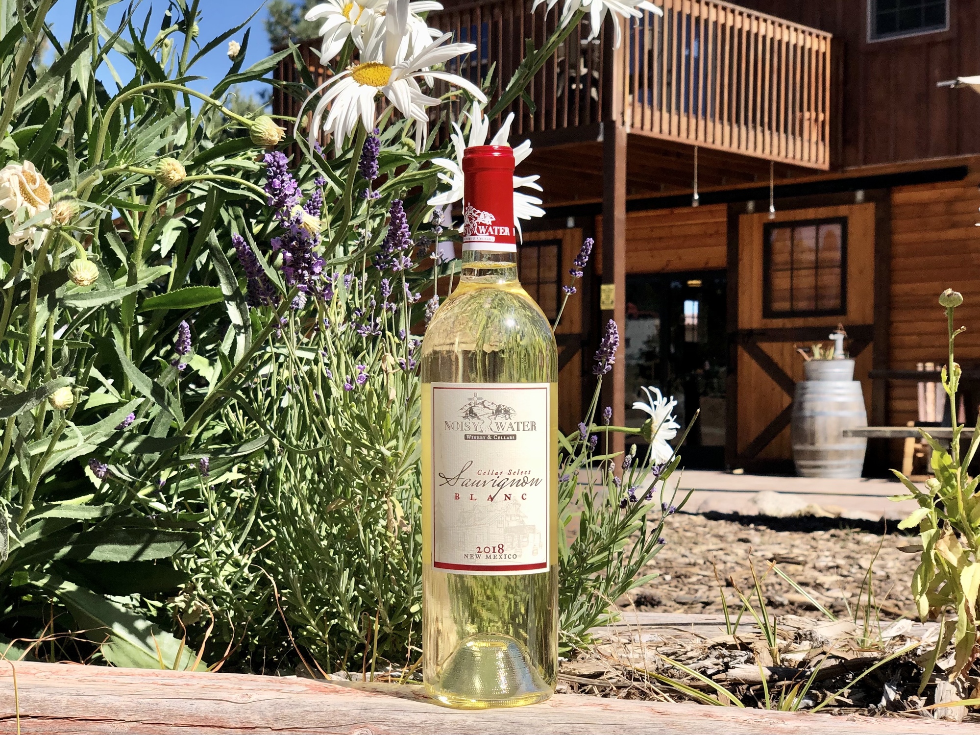 Noisy Water Winery's 2018 Sauvignon Blanc staged with flowers at Enchanted Vine in Alto, New Mexico